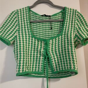 Green and White Cropped Knit Top